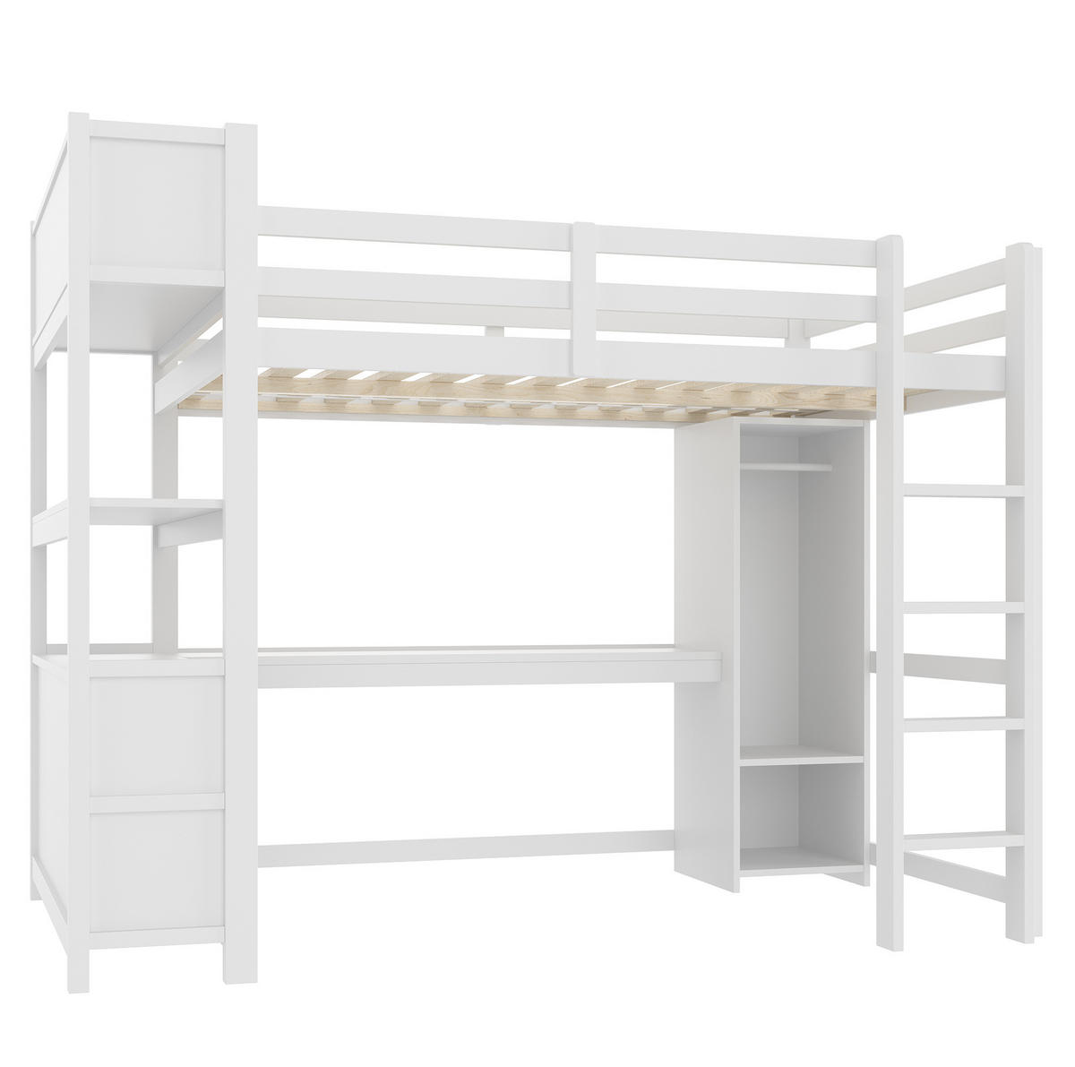 HOCHBETT 140/200 cm, Weiß mit Schreibtisch, Regalen und Kleiderschrank - Weiß, Holz (140/200cm) - MIVRAY