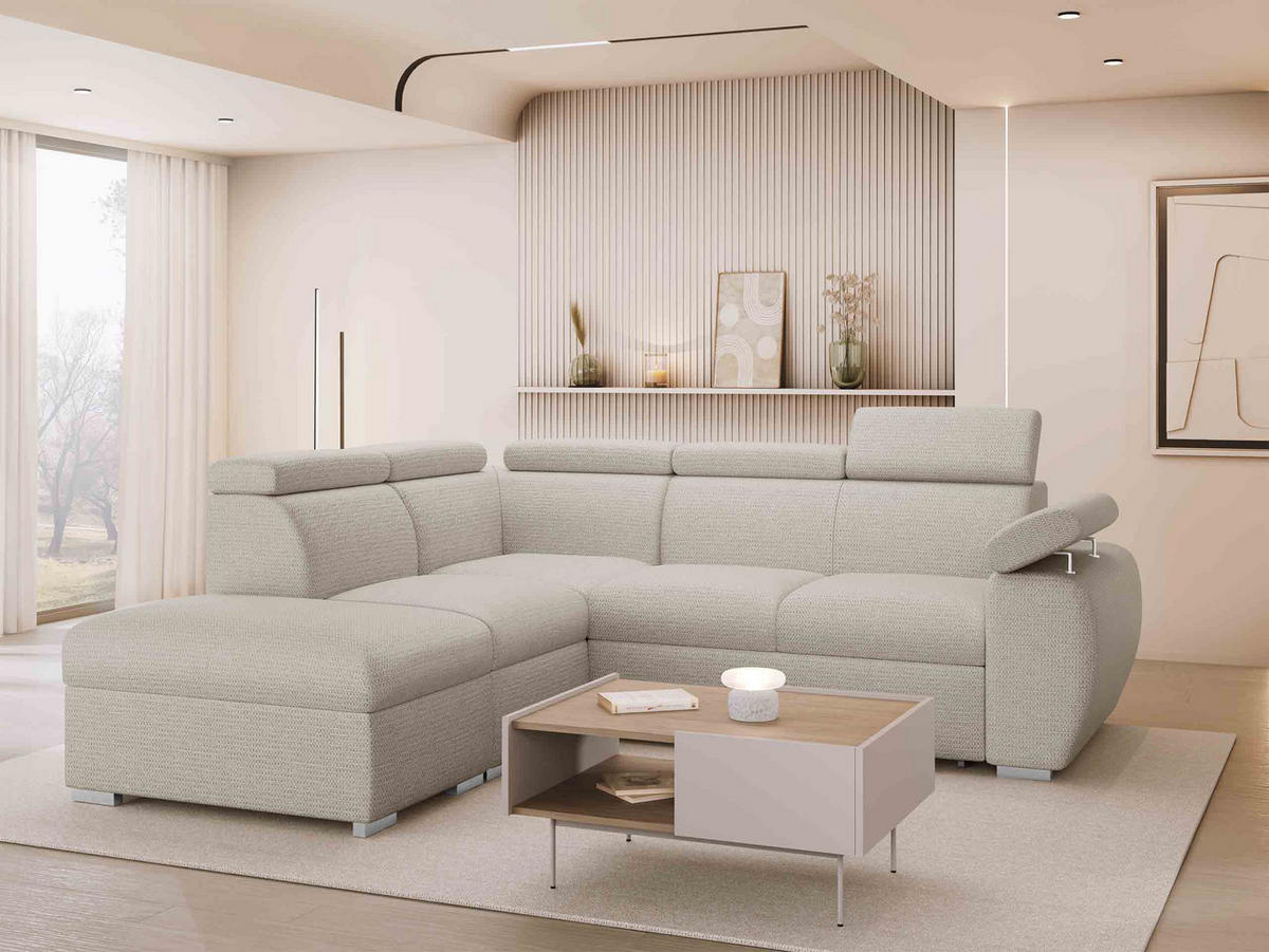 ECKSOFA Boston 2RR1P, Seite: Links PUFAP+R+1P(65)+2R - Silberfarben/Creme, Holz/Textil (260/230cm) - MIRJAN24