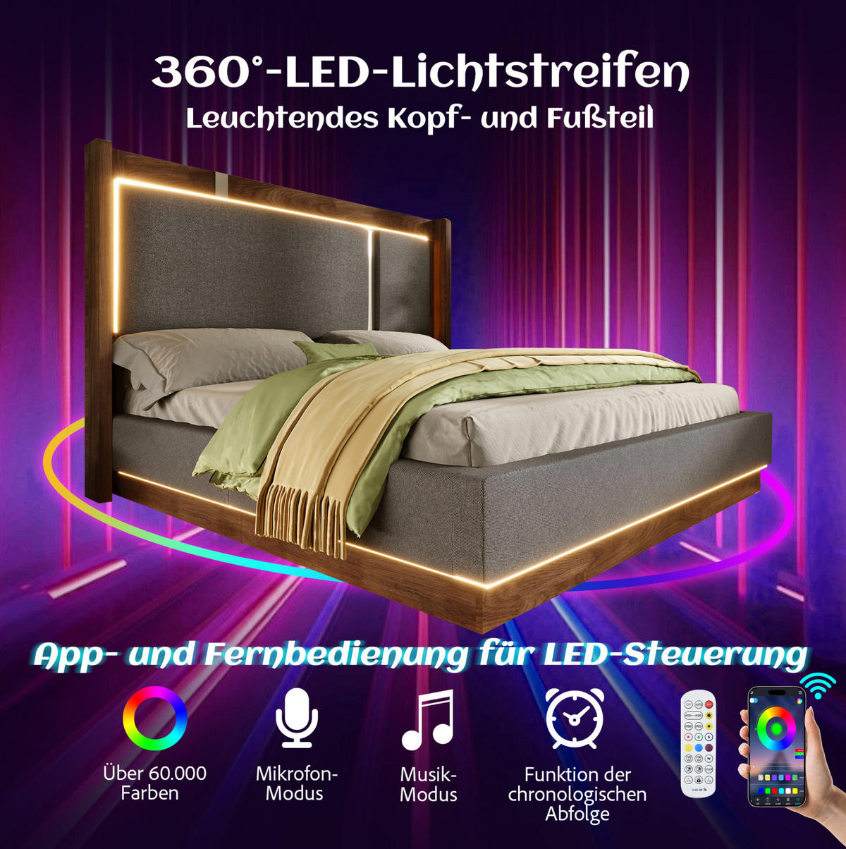 POLSTERBETT 180x200 cm in Grau/Walnuss mit LED-Beleuchtung, Bettkasten und Lattenrost - Grau, Textil (180/200cm) - IVMEU