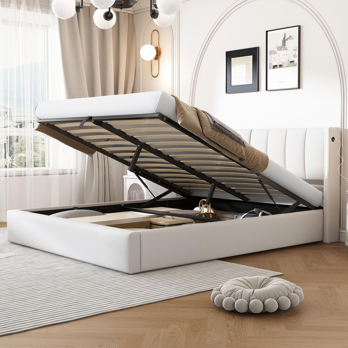 POLSTERBETT 140/190 cm aus PU mit LED-Beleuchtung, USB-Anschluss, verstellbarem Kopfteil und Bettkasten, Weiß - Weiß, Kunststoff (140/190cm) - Redom