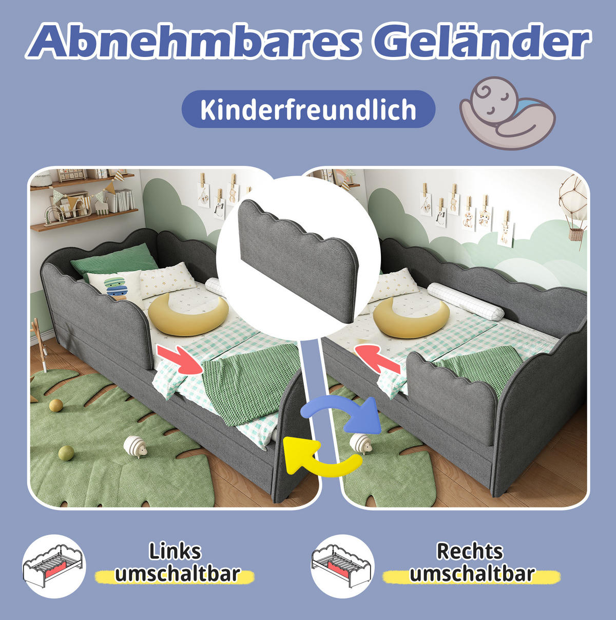 KINDERBETT Polsterbett 90/190 cm aus Leinen mit Ausziehbett Grau - Grau, Textil (90/190cm) - Modenvie