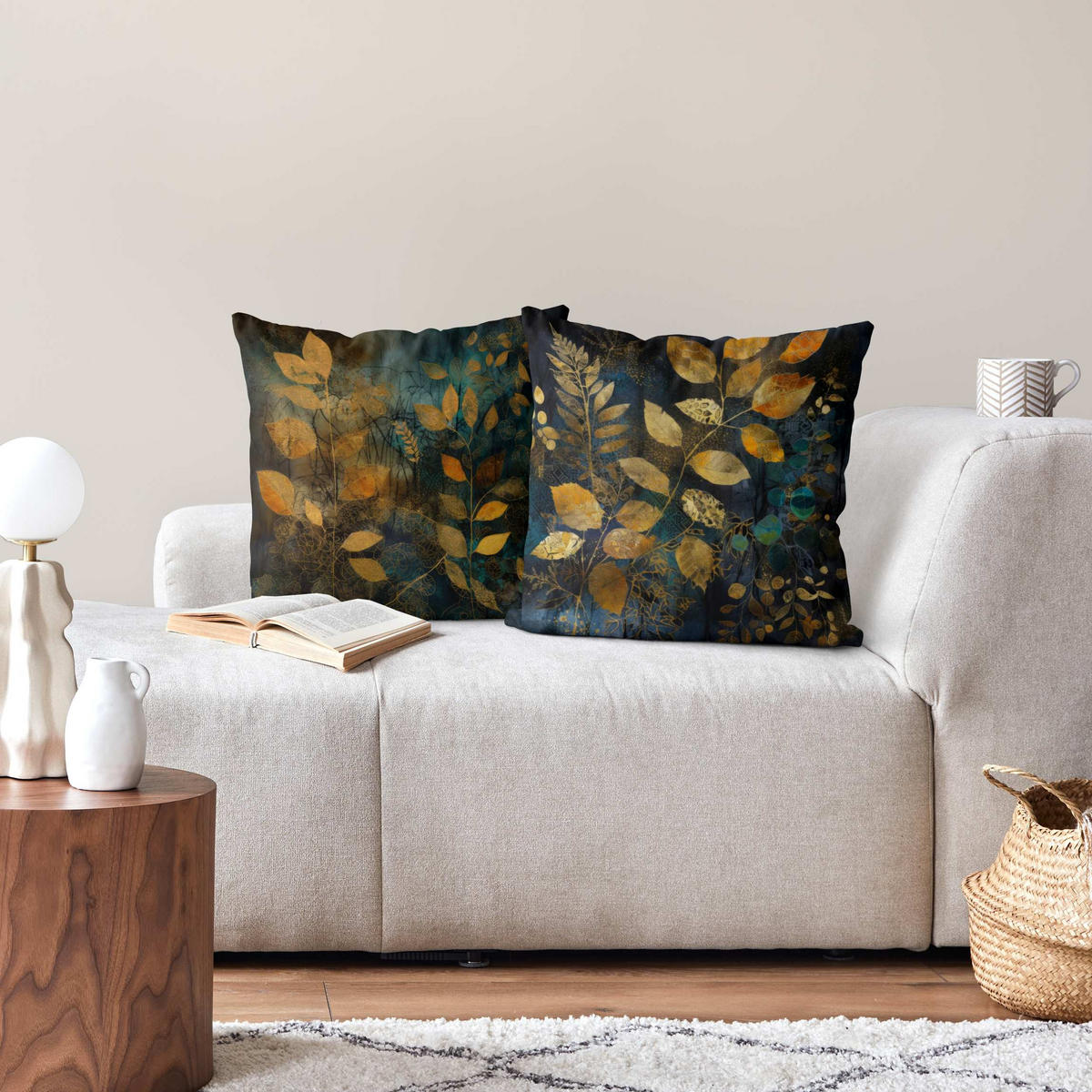 DEKOKISSEN 2er-Set Goldene Blätter auf Blau Duo 40/40 cm - Goldfarben, Textil (40/40cm) - Bilderwelten