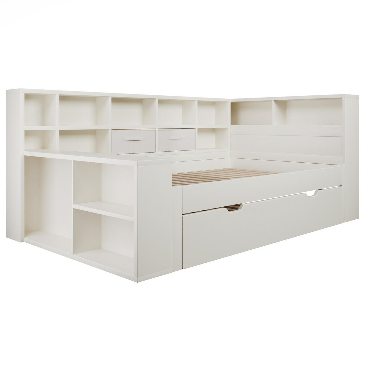 JUGENDBETT Stauraumbett 140/200 cm aus Kiefernholz und Spanplatte mit Ausziehbett und USB-Ladeanschlüssen Weiß - Weiß, Holz (140/200cm) - Modenvie