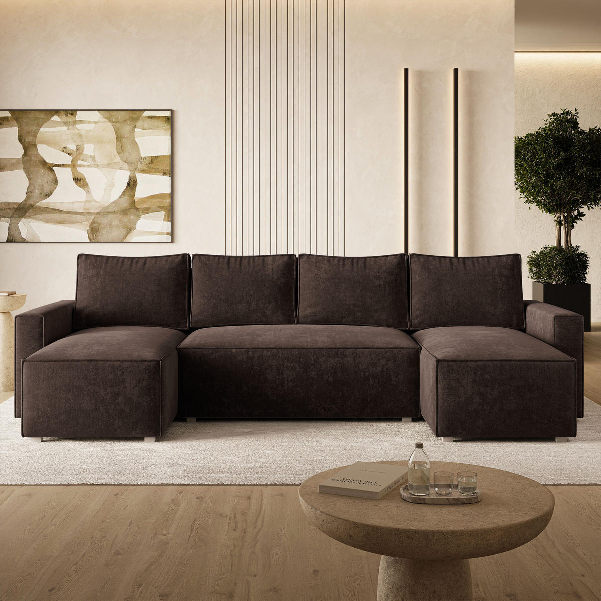 WOHNLANDSCHAFT ASPRA LM Braun Chenille mit Schlaffunktion - Dunkelbraun, Holz (295/85/140cm) - MASSENO