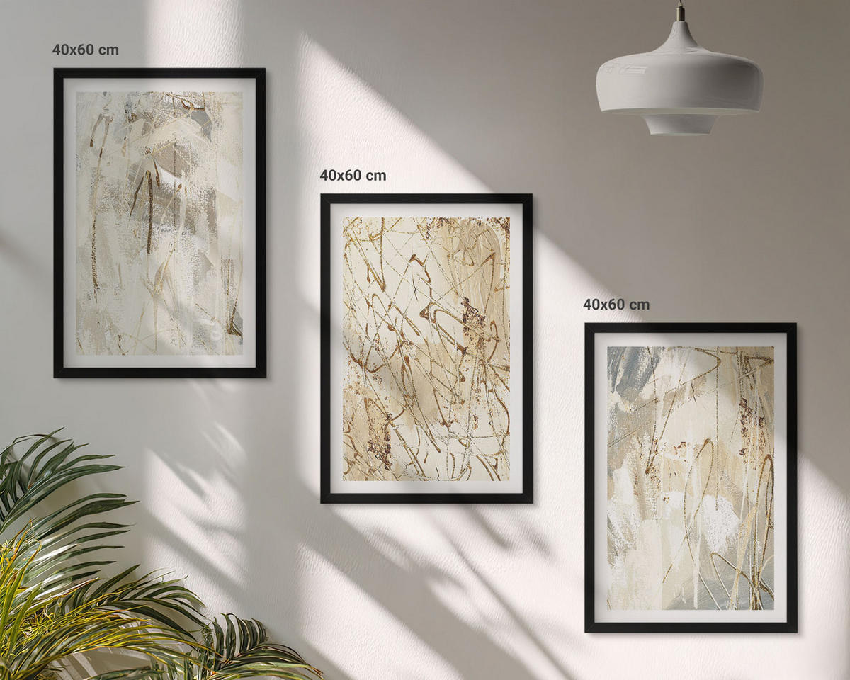 BILDER SET 3er Set - 40x60 cm Schwarzer Rahmen - Abstrakte Muster in Beige und Grau - Schwarz, Kunststoff (40/60cm) - TULUP