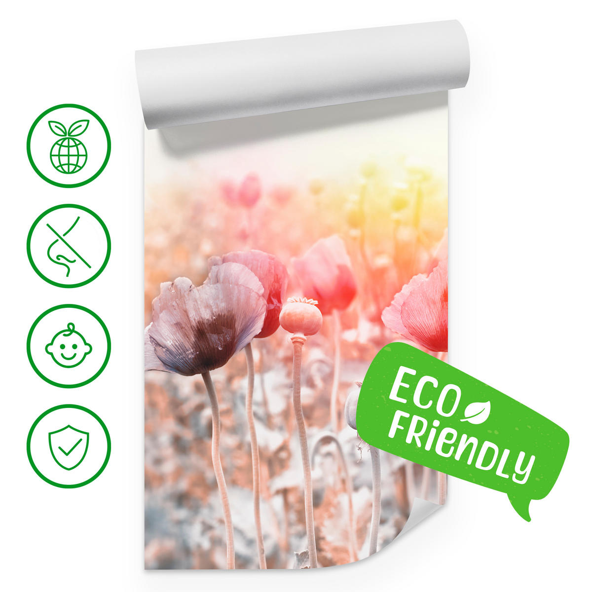 FOTOTAPETE für Wohnzimmer Mohnfeld Wiese Sonnenaufgang Natur 350x256 - Gelb/Rot, Papier (350/256cm) - Muralo