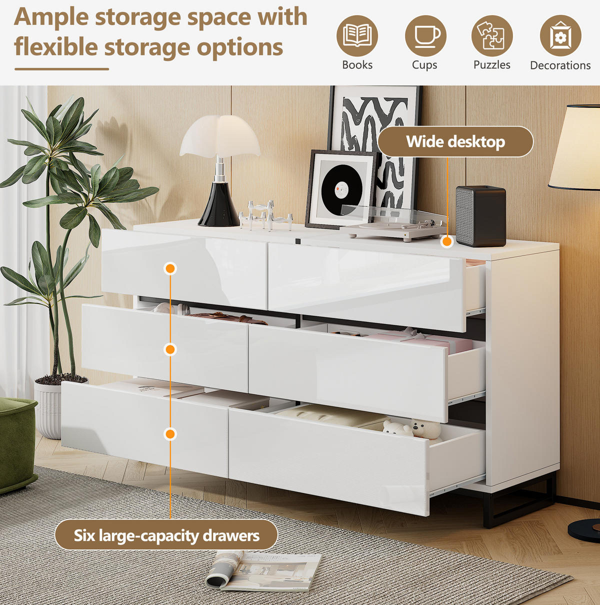 SIDEBOARD 140/39,5/78,5 cm Weiß/Schwarz aus Spanplatte mit 6 Schubladen - Weiß, Holzwerkstoff (140/78.5/39.5cm) - OKWISH