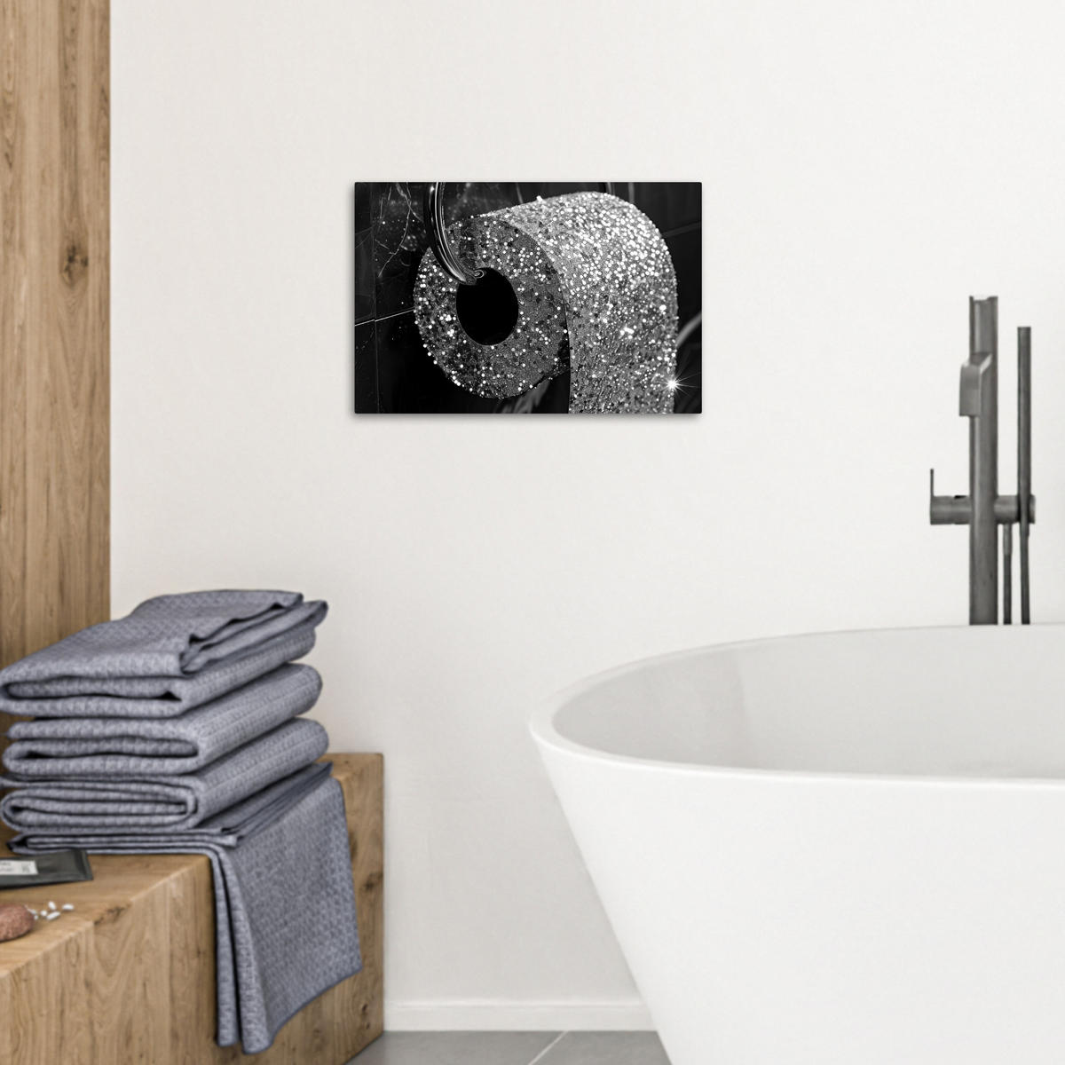 LEINWANDBILD WC - Toilettenpapier - Schwarz und weiß - Glitter 30x20 cm - Silberfarben, Textil (30/20cm) - MuchoWow
