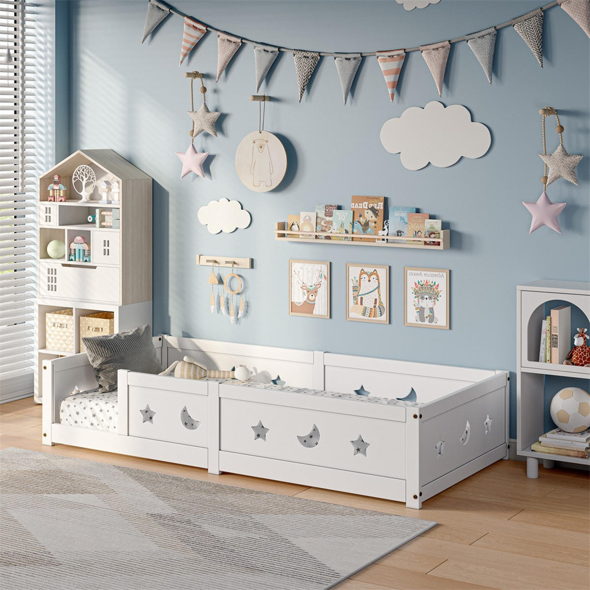 KINDERBETT 90x200 cm - Bodenbett mit Rausfallschutz - mit Sternen- und Mondmotiven - ohne Matratze - Weiß - Weiß, Holz (90/200cm) - DELFA