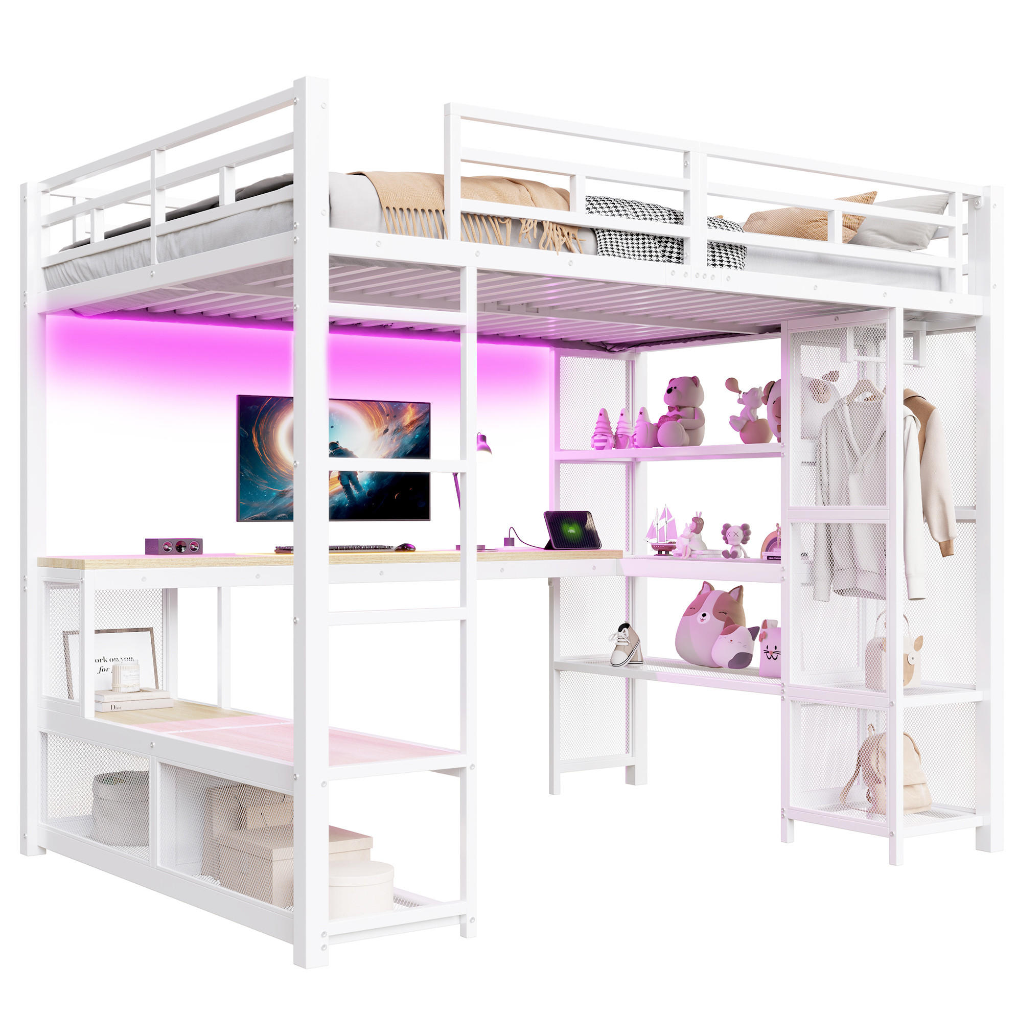 HOCHBETT 140/200 cm weiß aus Metall und MDF mit Schreibtisch, Kleiderschrank, USB und LED - Weiß, Holzwerkstoff (140/200cm) - OKWISH