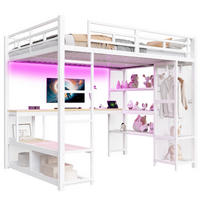 HOCHBETT 140/200 cm weiß aus Metall und MDF mit Schreibtisch, Kleiderschrank, USB und LED - Weiß, Holzwerkstoff (140/200cm) - OKWISH