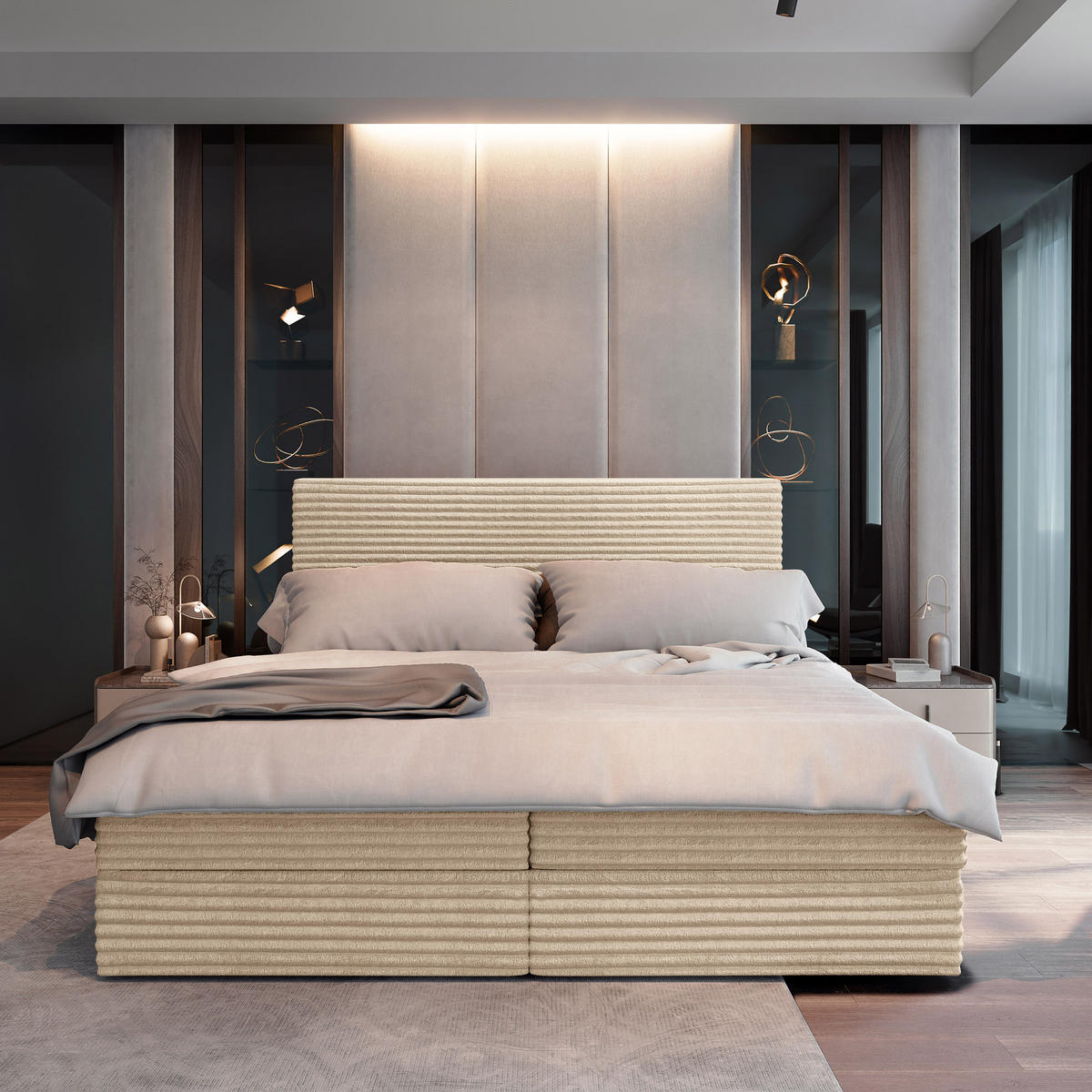 BOXBETT PISA 200x200 cm mit Matratze und Topper, H2+H3 - Creme - Creme, Holz (200/200cm) - MASSENO