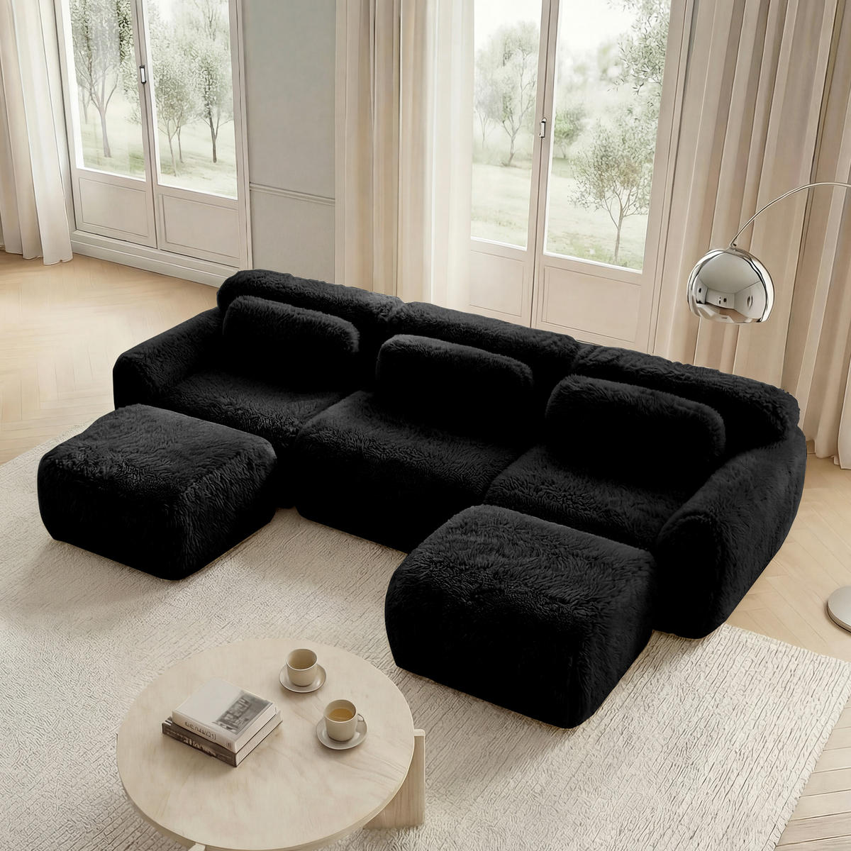 3-SITZER Sofa 291x179x73 cm aus Plüschstoff rahmenlos modular mit 2 Ottomans, schwarz - Schwarz, Textil (179/73/291cm)