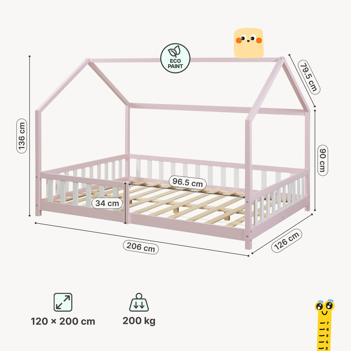 HAUSBETT Hesel - Rosa/Weiß, Holz (120/200cm) - [en.casa]