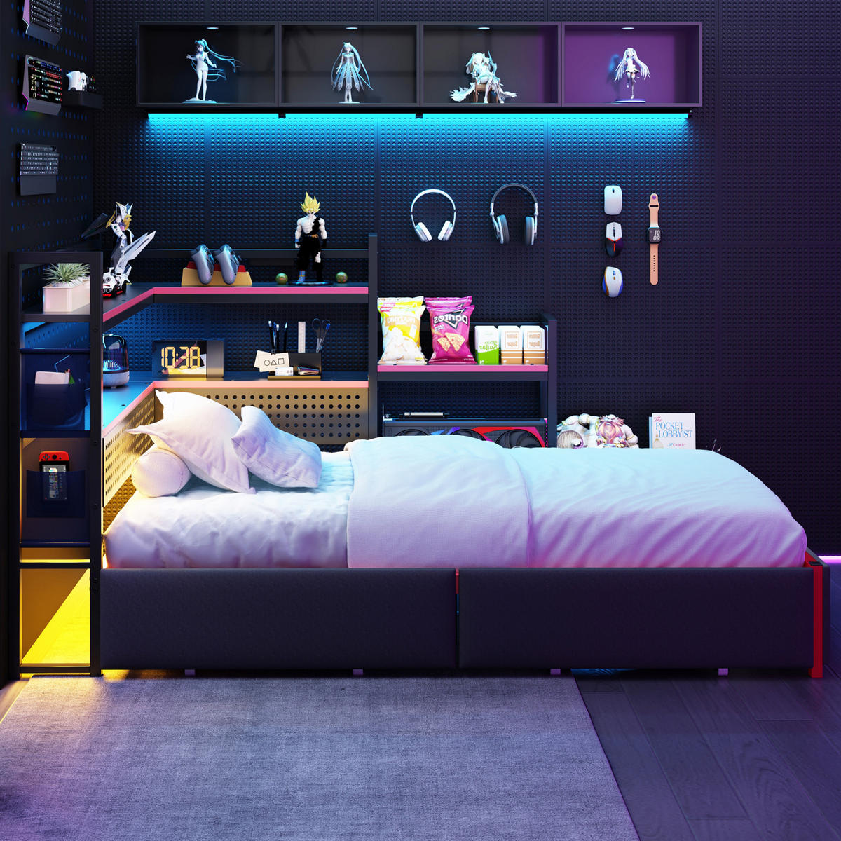 KOVOVÁ postel 90/200 cm s LED osvětlením, USB porty a úložným prostorem, černá - černá, kov (90/200cm) - Redom