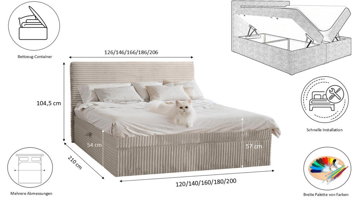 BOXBETT Bettkasten Und Topper TRENTO Ohne Bein Stoff Plüsch Cord 160x200 cm Ecru H2-Pocket - Ecru, Holz/Textil (160/200cm) - Kaiser Möbel