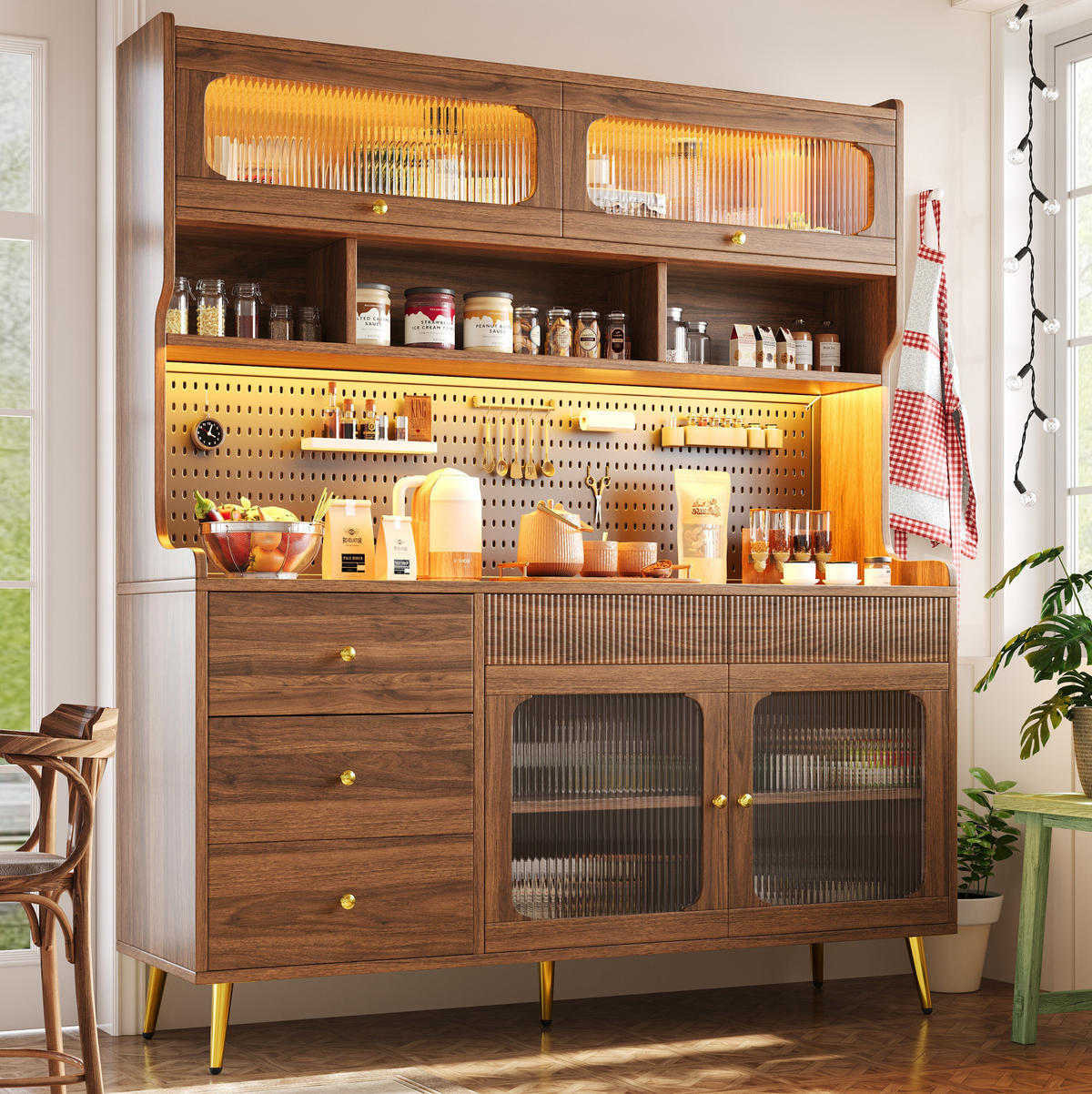 BUFFETSCHRANK 145/39/171 cm aus MDF und Glas mit Lift-up-Tür, RGB-LED-Beleuchtung, App-Steuerung und Lochwand, Walnuss - Walnussfarben, Holzwerkstoff (145/171/39cm) - Redom