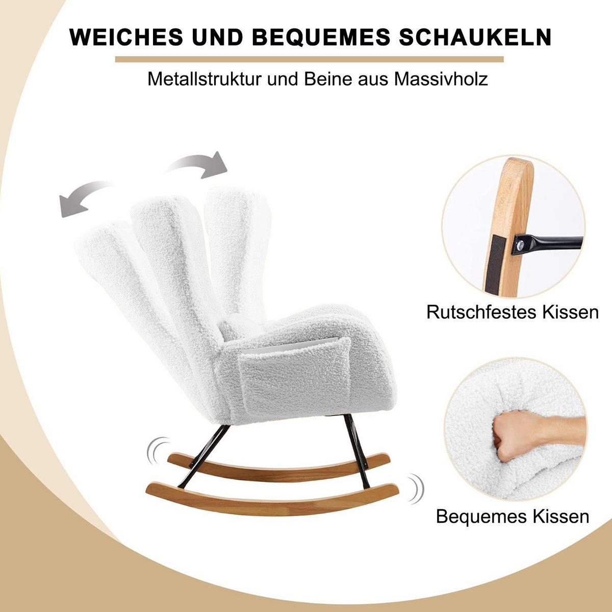 SCHAUKELSTUHL Teddy Plüsch-Swingsessel mit Holzsockel,Schaukelsessel 60/85/95 cm, Weiß - Weiß, Textil (85/95/60cm) - Redom