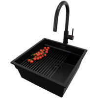 GRANITSPÜLE Prag, 4-er set Alles Schwarz 46/47 cm, 1 Becken + Küchenarmatur 40/20 cm + Ablauf-Set + Aufrollbare Abtropffläche ab 50er Unterschrank - Schwarz, Kunststoff (46/20/47cm) - Primagran
