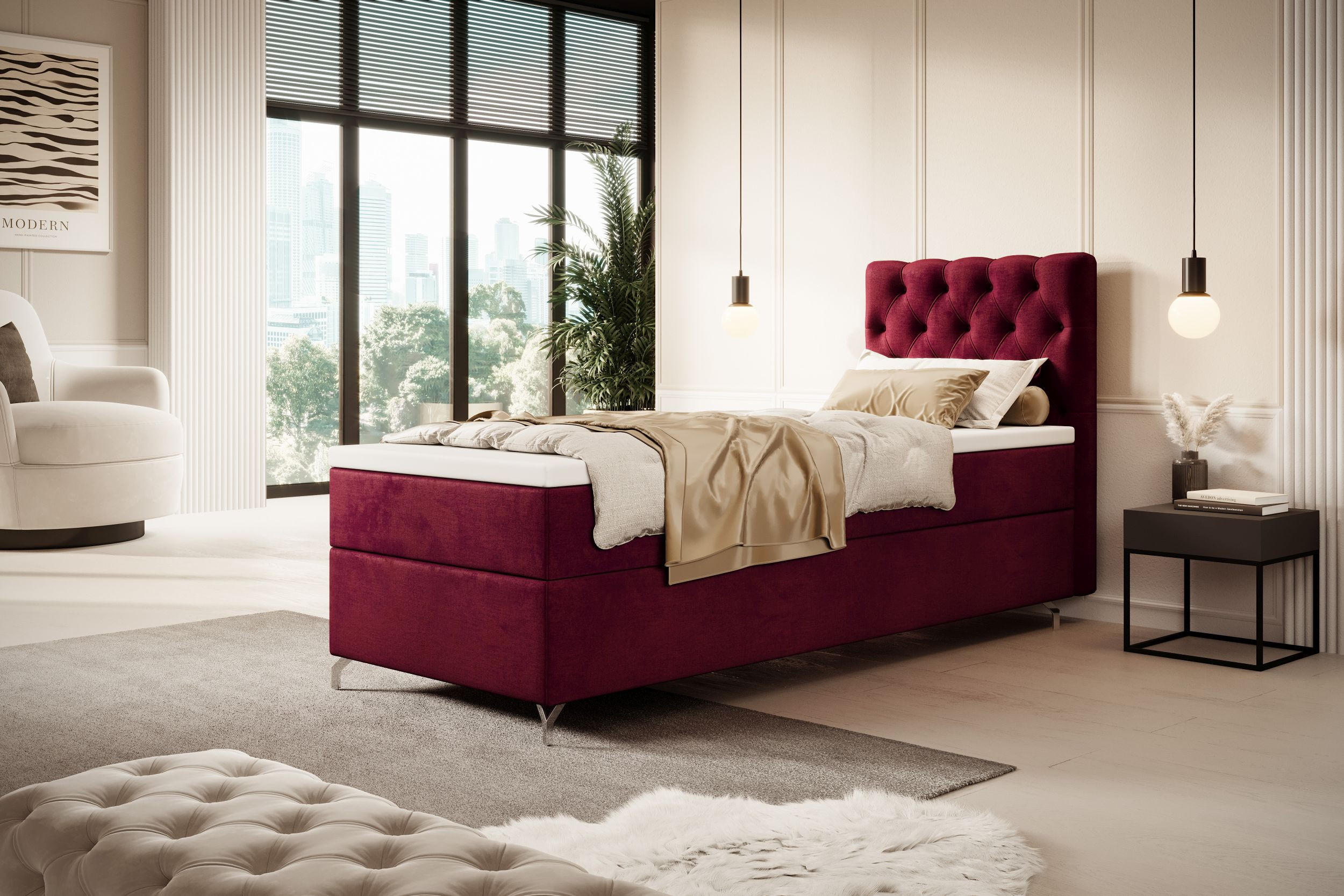 BOXBETT CHESTER P mit Matratze H3, Bonell und Topper 90x200 Monolith 59 - Rot, Textil (90/200cm) - Bedante