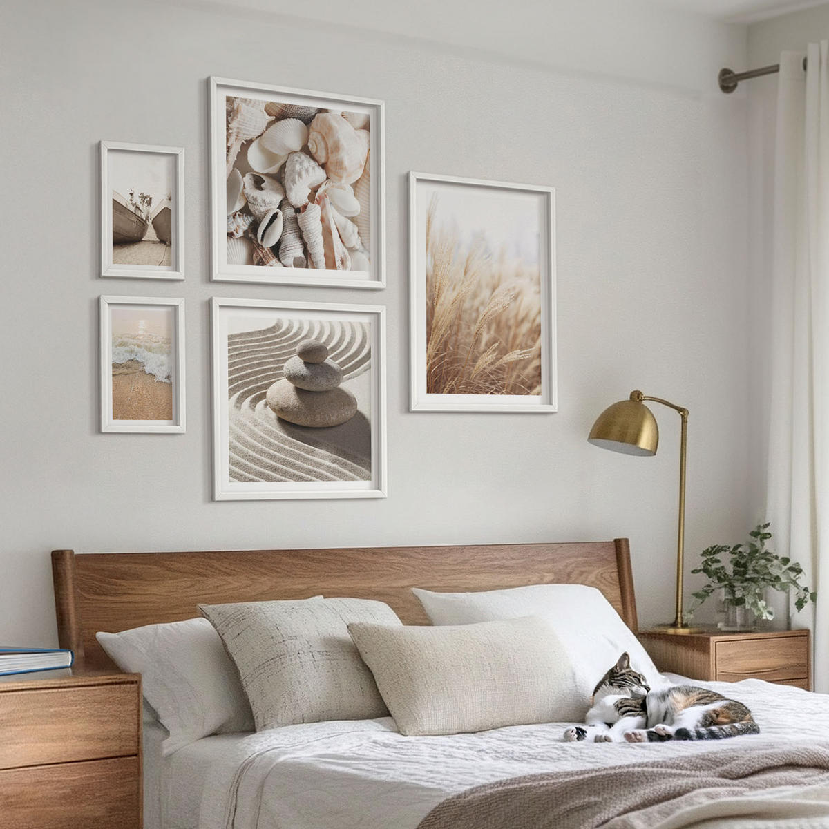 WANDBILDER 5er-Set - 50x50 cm & 20x30 cm & 40x60 cm Weißer Rahmen - Wolkenmeer, Traumfänger, Gras - Weiß, Kunststoff (40/60cm) - ArtPrintCave