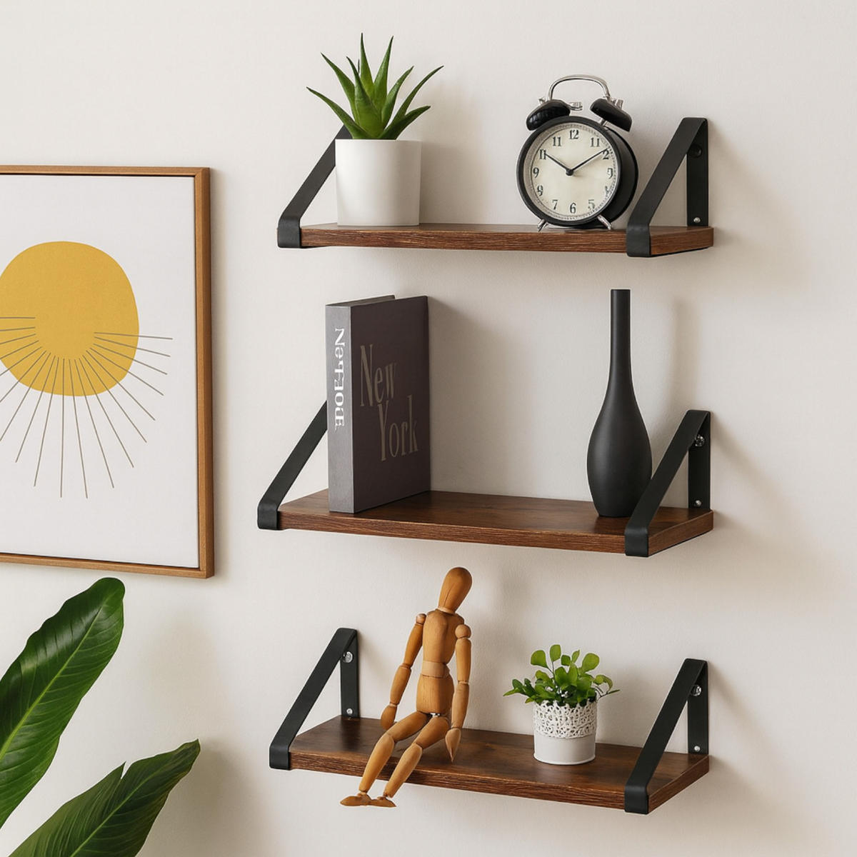 WANDREGAL Holzoptik Metall Dunkelbraun Schwarz 3-er Set 30/35/40x12x11 cm - Dunkelbraun/Schwarz, Holzwerkstoff/Metall (12/11/40cm) - Begryf