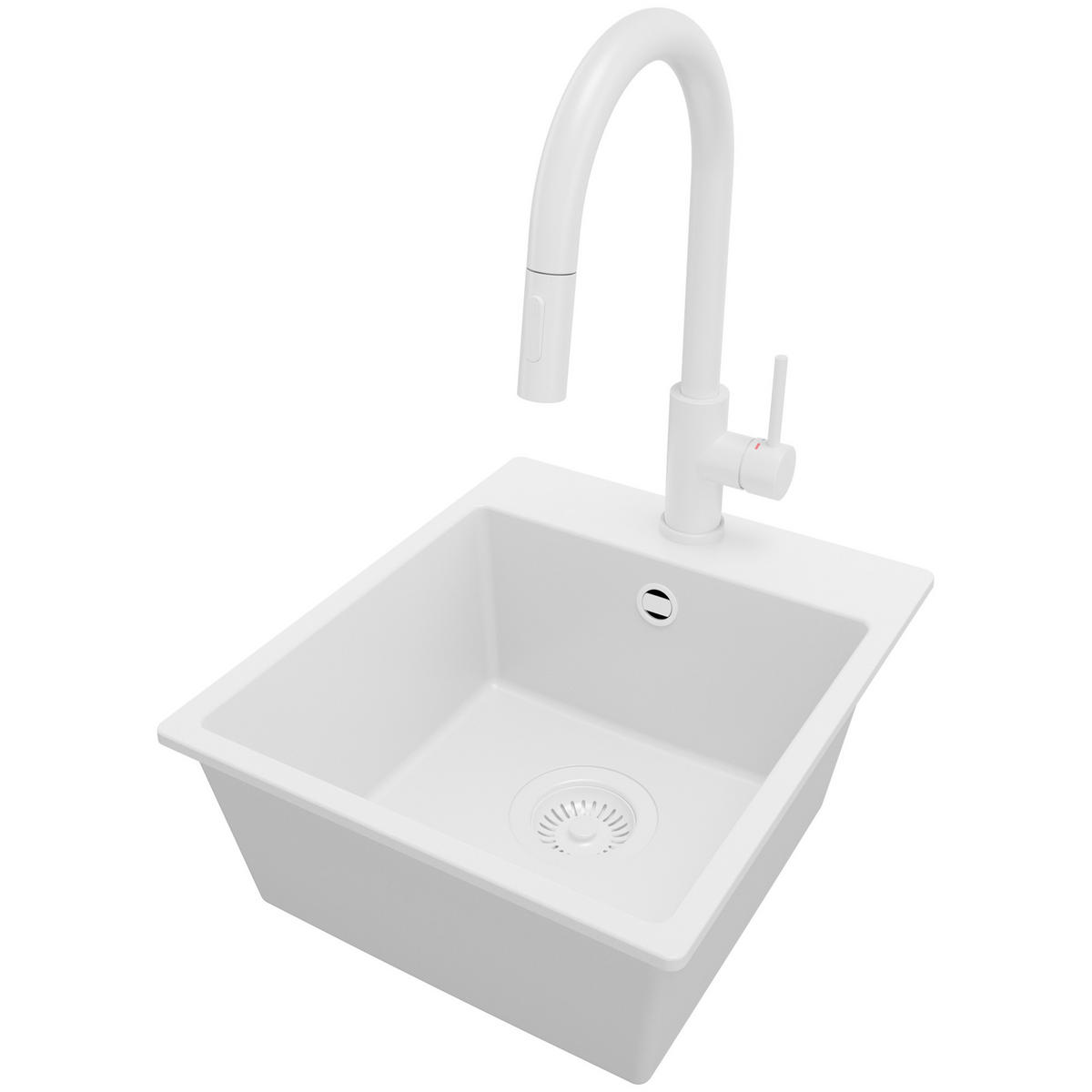 GRANITSPÜLE Riga Easy, 2-er set Alles Weiß 38/44 cm 1 Becken + Küchenarmatur 40/20 cm + Ablauf-Set ab 40er Unterschrank - Weiß, Kunststoff (38/19/44cm) - Primagran