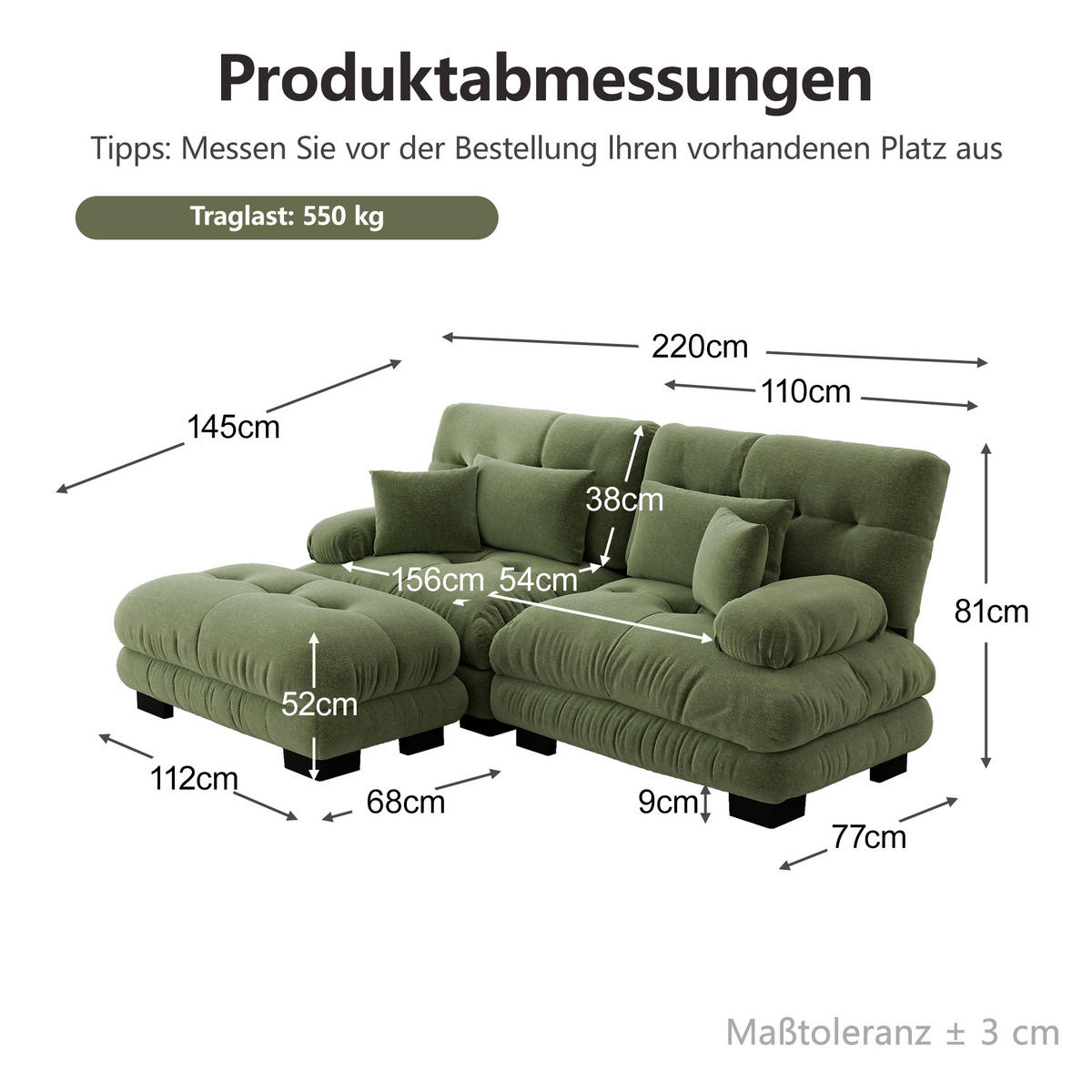 ECKSOFA DE-34065 mit Ottoman Grün - Grün, Holz (145/220cm) - ComfortXL