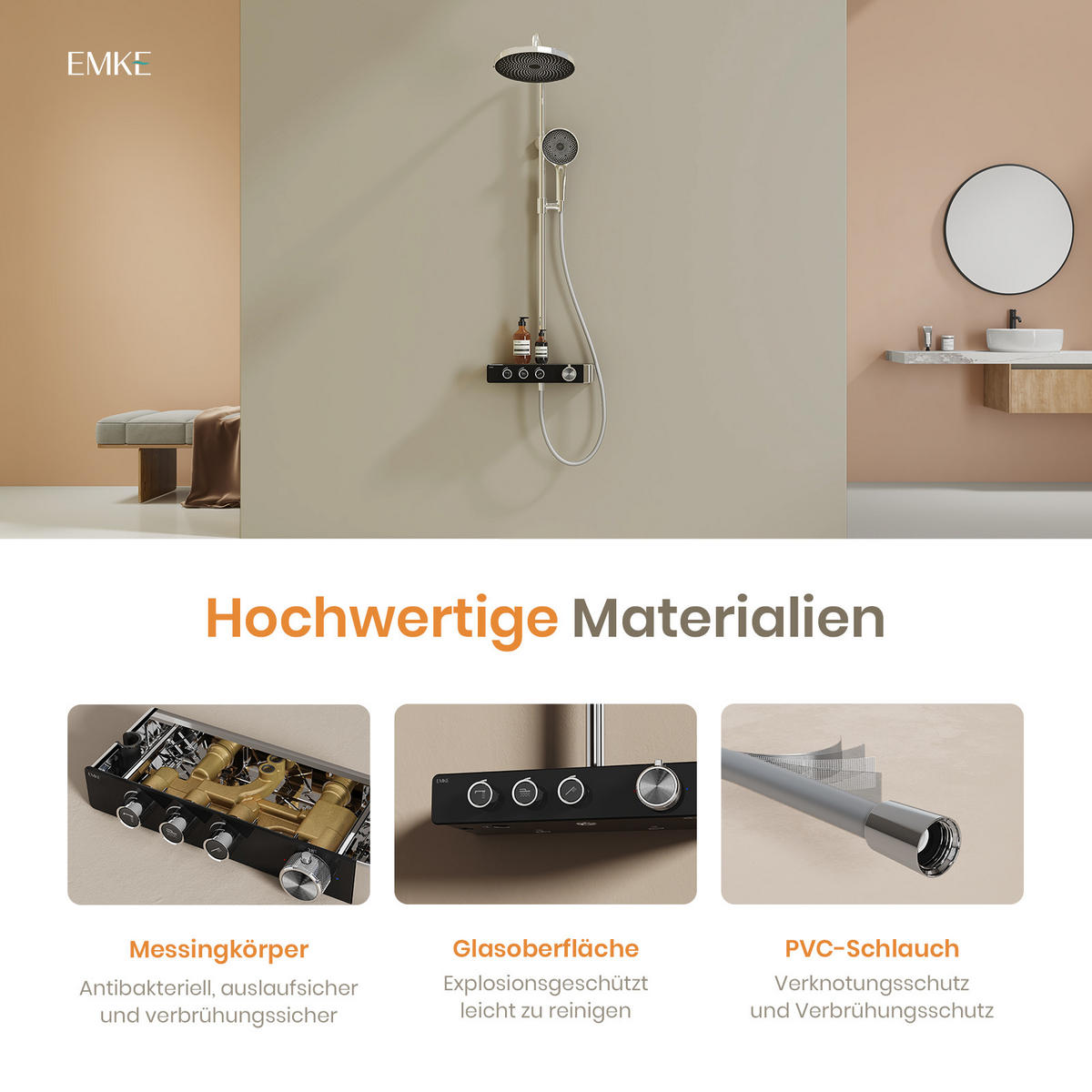 ÜBERKOPFBRAUSESET mit Thermostat Runde Überkopfbrause Vielseitig Chrom - Chromfarben, Metall (35.5/110/40cm) - EMKE