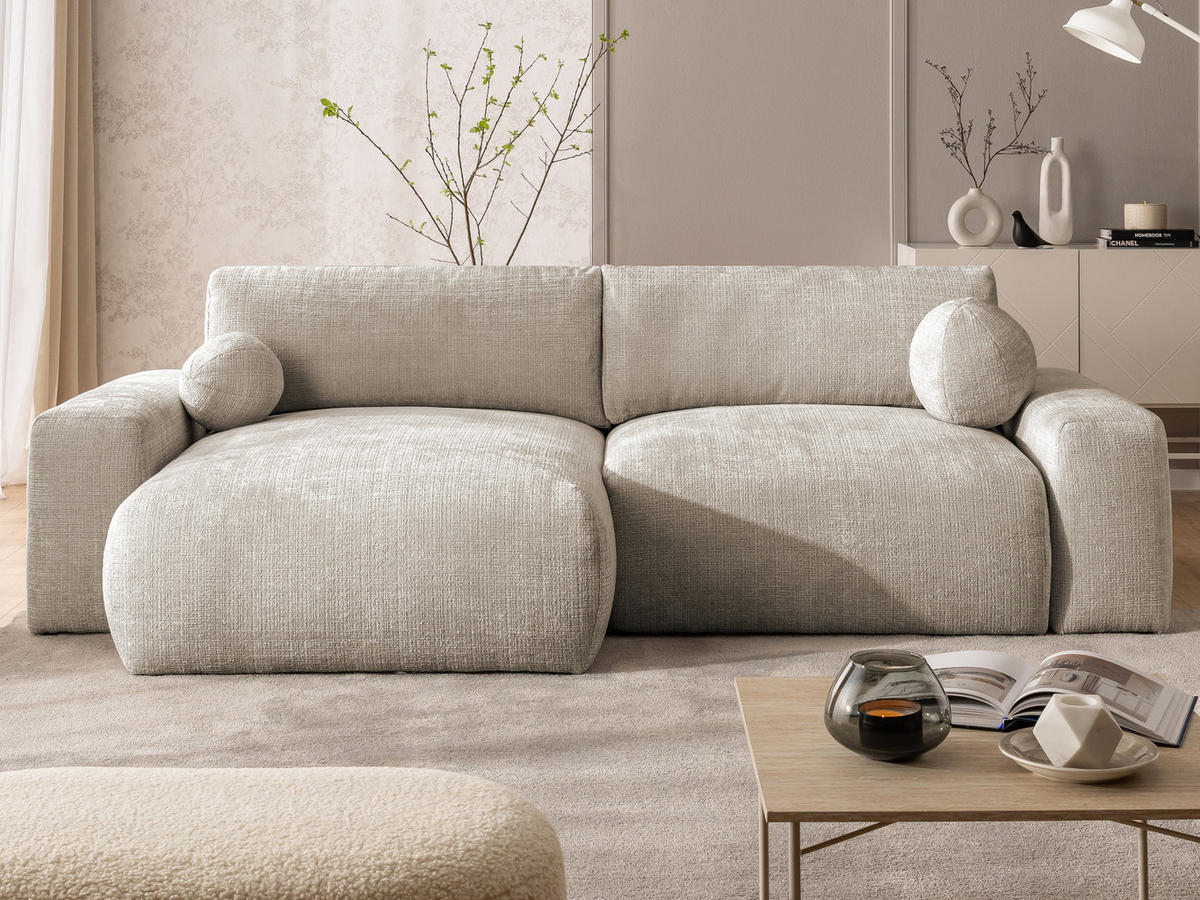 ECKSOFA Puffy mit Schlaffunktion und Bettkasten - besonders weich und puffig aus Dunkelbeige Chenille-Stoff - Ottomane links - Beige/Schwarz, Holz/Kunststoff (138/266cm) - S-Style Möbel