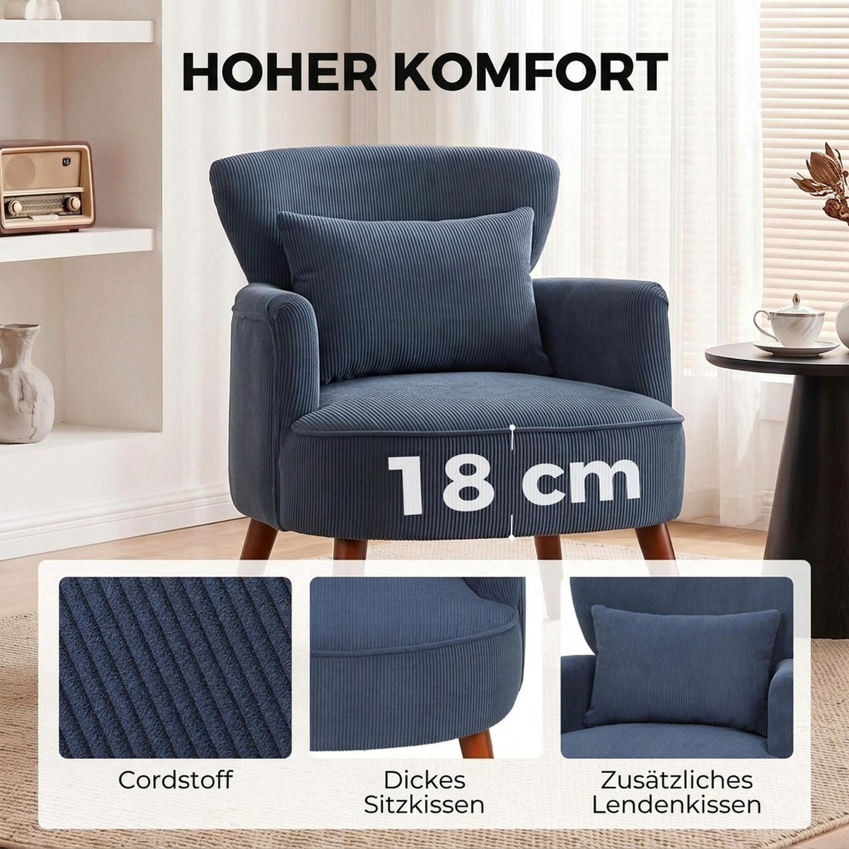 SESSEL Loungesessel mit Armlehnen, Relaxsessel mit Kissen Cordoptik Blau - Blau/Braun, Textil (69/78/69.5cm) - HOMCOM