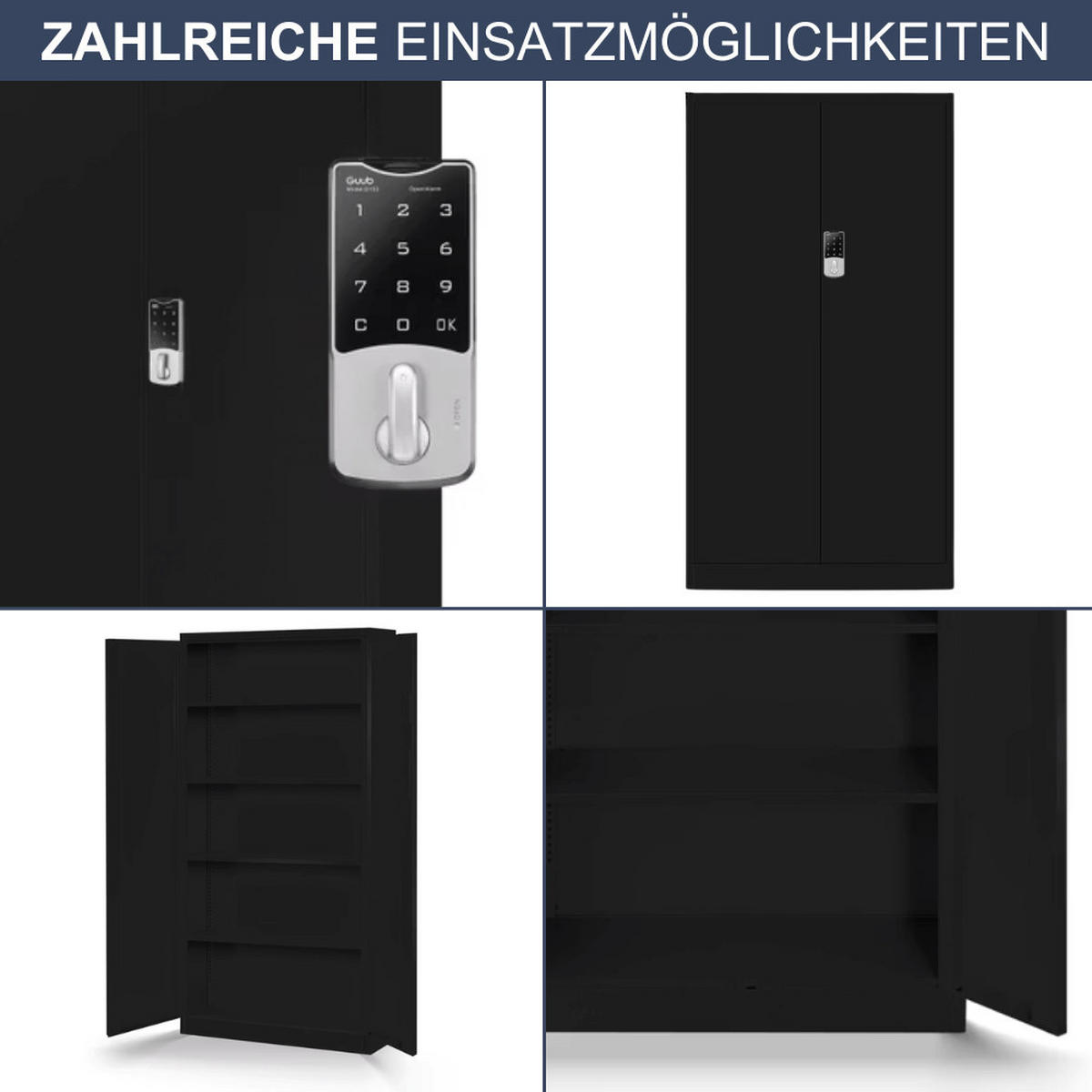 METALLSCHRANK abschließbar ODIS mit Zahlenschloss 185x90x40cm Schwarz - Schwarz, Metall (90/185/40cm) - DELUKE
