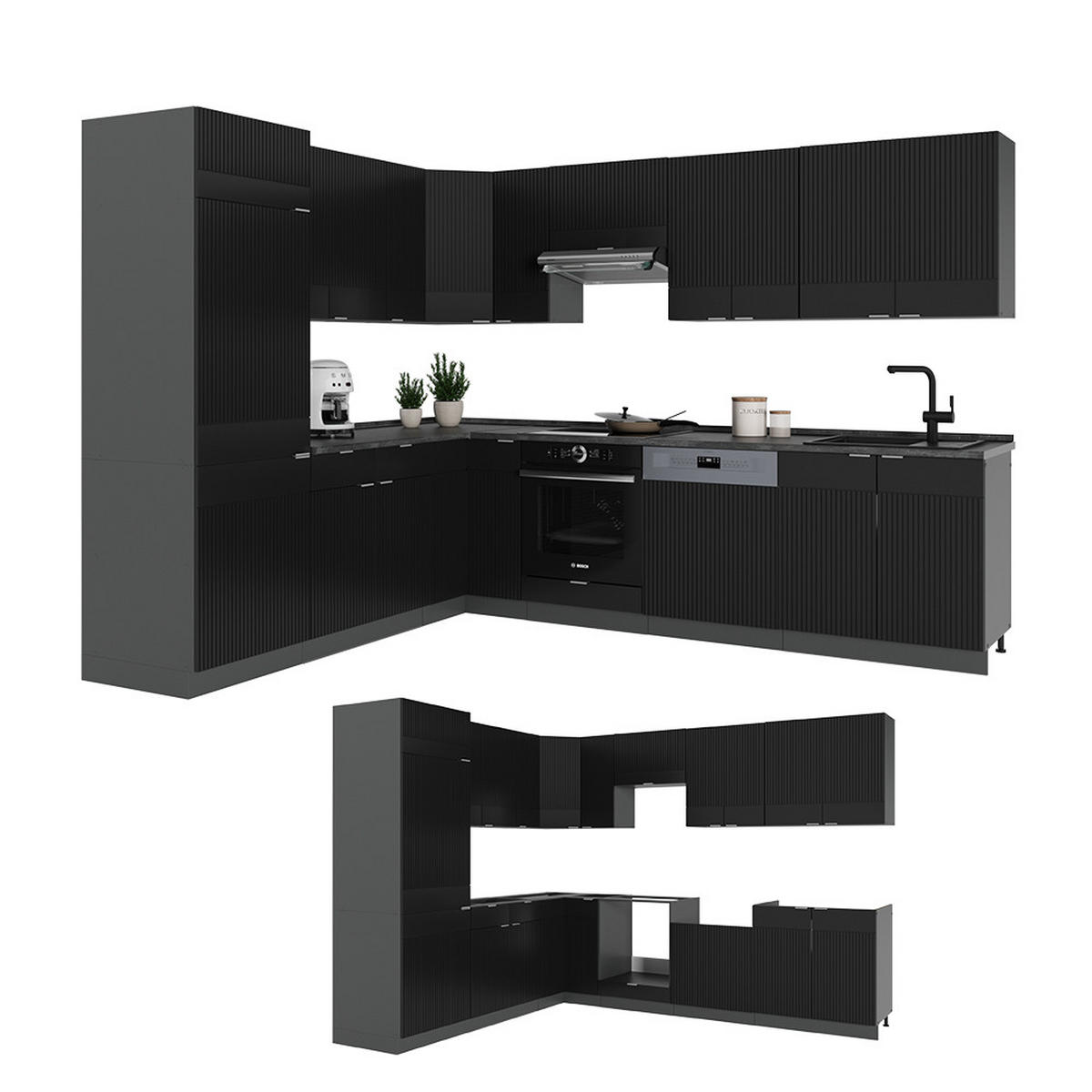 ECKKÜCHE Fame-Line, Schwarz gestreift/Anthrazit, 227 x 287 cm, AP Anthrazit - Anthrazit/Schwarz, Holzwerkstoff (287/81.6/60cm) - Vicco