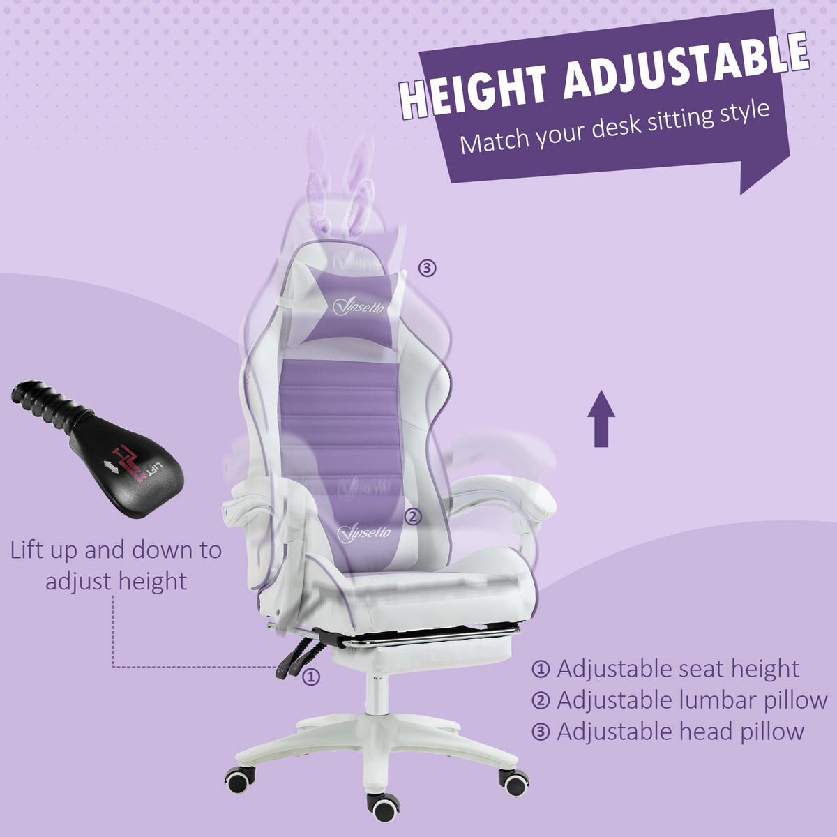 GAMING Stuhl Ergonomischer Gamer Stuhl mit Lendenwirbelstütze, Fußstütze - Violett, Leder (63/142/65cm) - Vinsetto