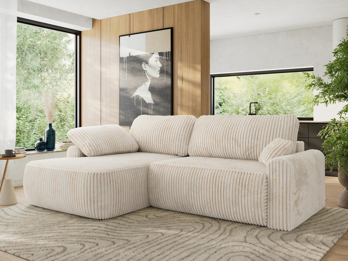 ECKSCHLAFSOFA CUBO L Creme Cord - links - Creme/Schwarz, Kunststoff/Textil (273/187cm) - MKS