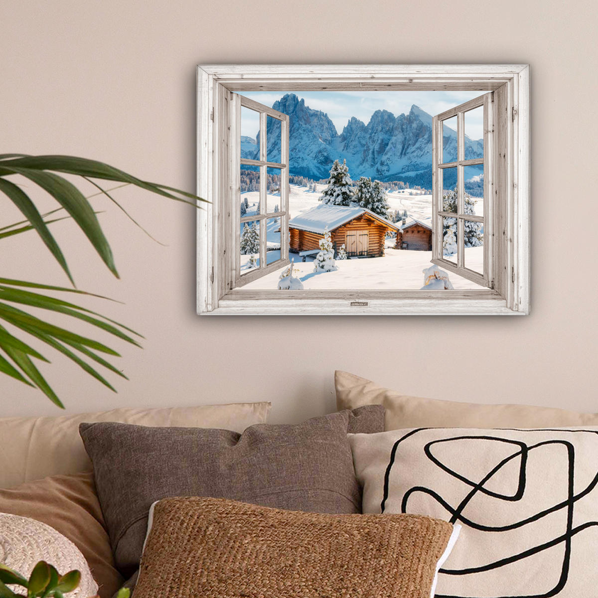 LEINWANDBILD Winterlandschaft - Hütte - Berge - Ausblicke - Aussicht - Natur 40x30 cm - Weiß Hochglanz, Textil (40/30cm) - MuchoWow