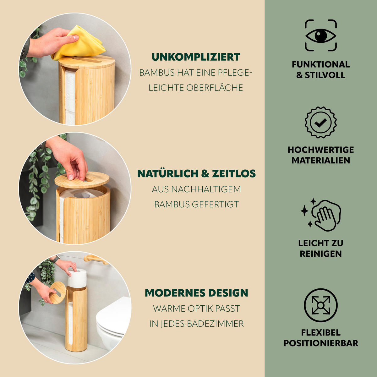 TOILETTENPAPIERAUFBEWAHRUNG, für 4 Rollen, Bambus - Braun, Holz (14.5/42/14.5cm) - eluno