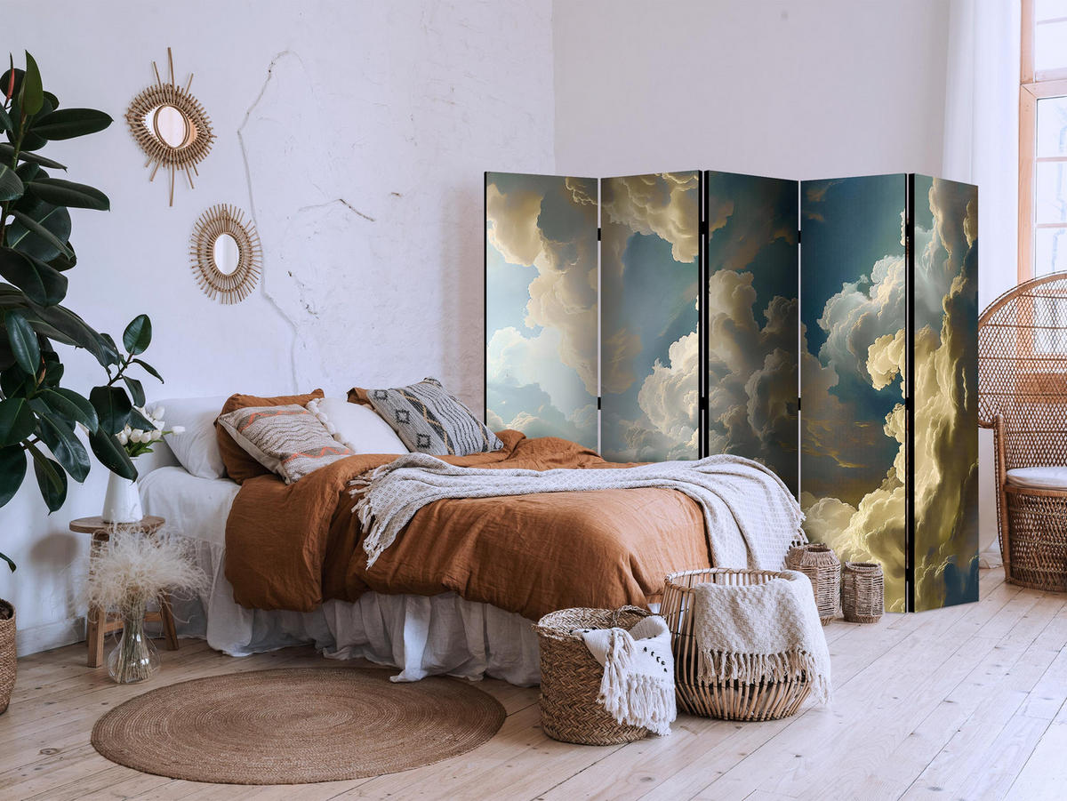PARAVÁN Akustický 5-Dielny 225x172 cm Oblaky 3D - viacfarebná, drevo/textil (225/172/3cm) - Muralo