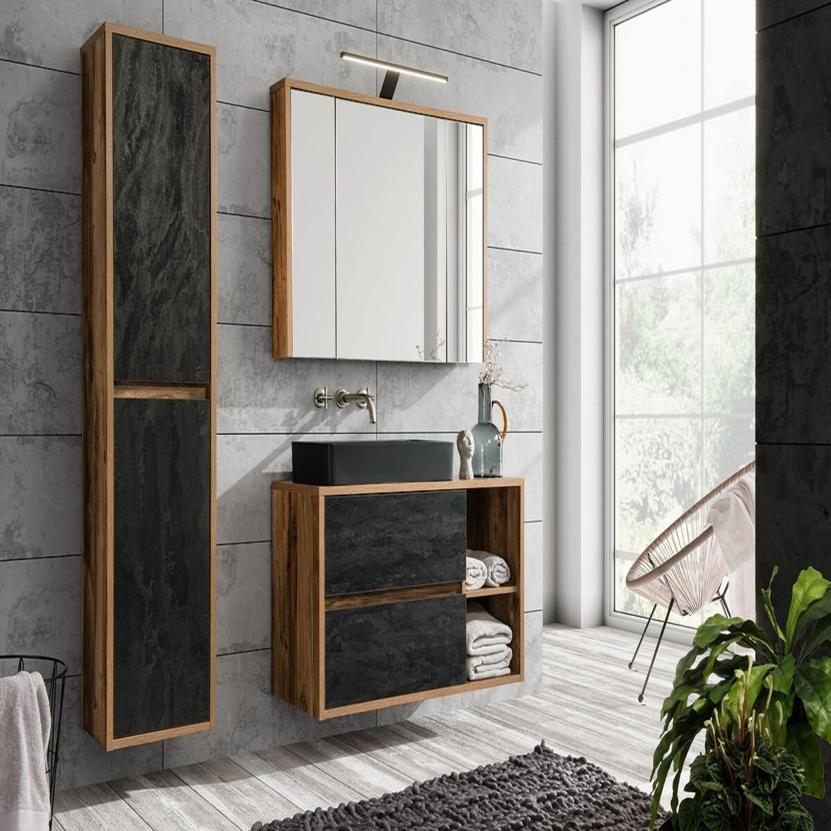 BADMÖBEL-SET 5 Teile - Hampton H BM09 in Huton Oak / Dark Concrete - Dunkelgrau, Holz (100/170/46cm)
