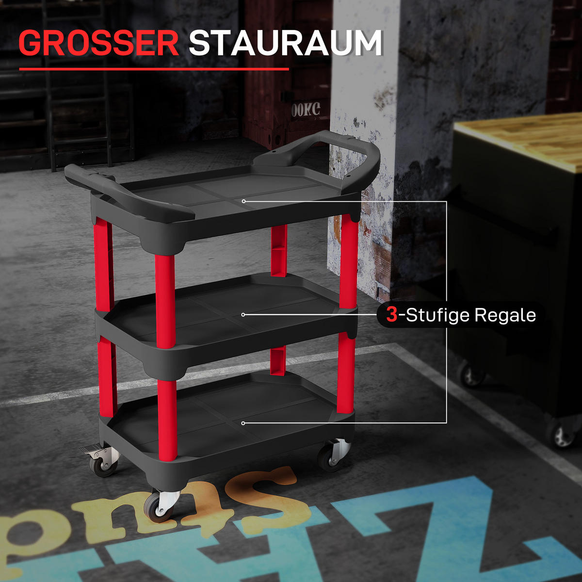 WERKSTATT-ROLLWAGEN mit 3 Ebenen Werkstattwagen mit Griff für Garage Schwarz - Schwarz, Kunststoff (43/96/81cm) - HOMCOM