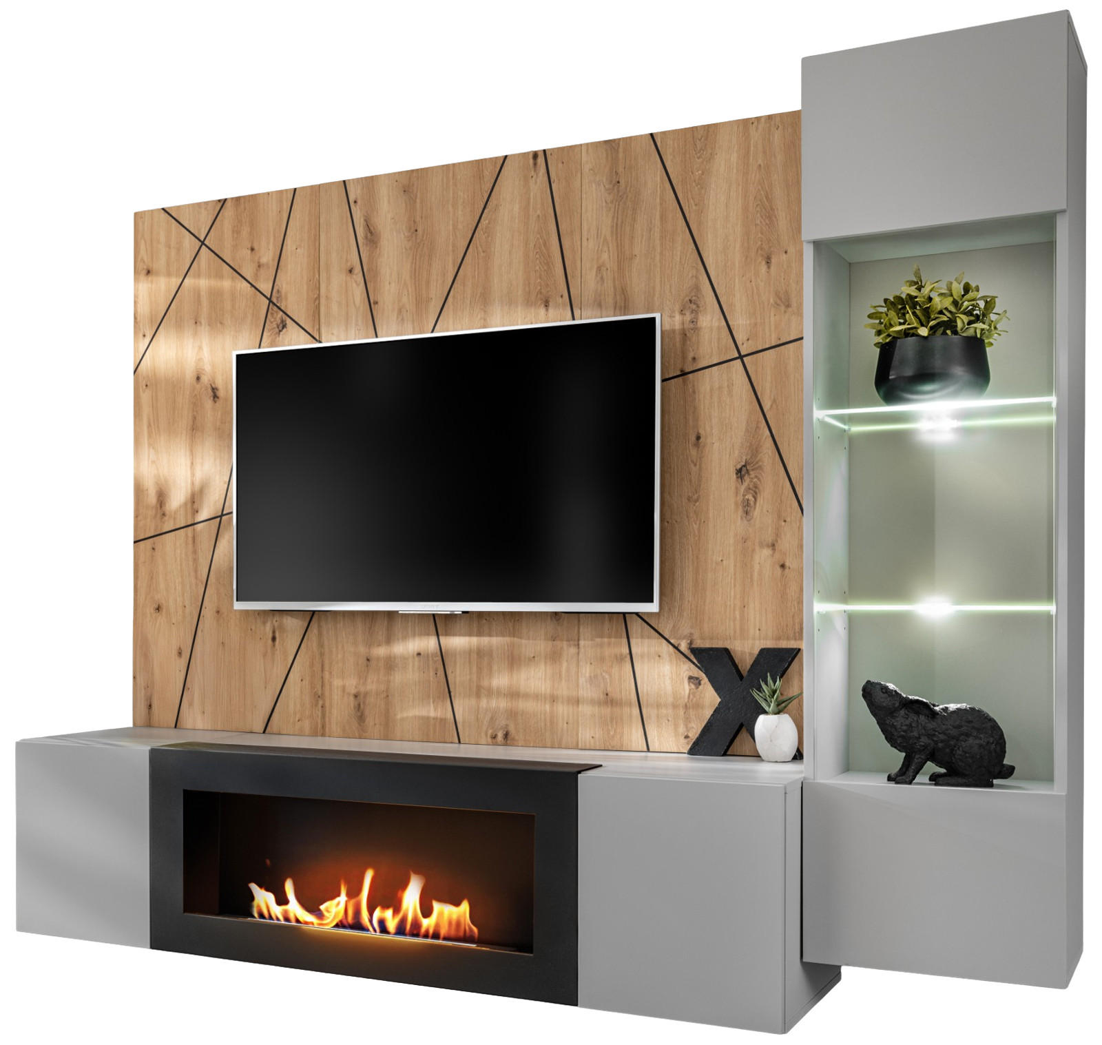 Inn.Furn Wohnwand Hellgrau, Eiche Artisan, Schwarz 200x148x35 cm