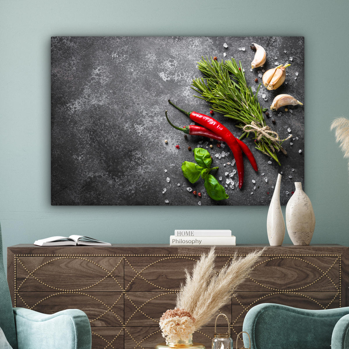 LEINWANDBILD Pfeffer - Kräuter - Gewürze - Beton Groß 140x90 cm - Dunkelgrau, Textil (140/90cm) - MuchoWow