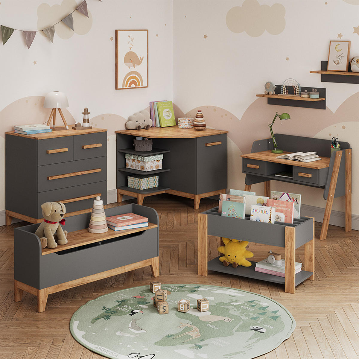 WANDREGAL KINDERZIMMER Malia Grau/Artisan 70 x 20 cm - Hellgrau/Grau, Holzwerkstoff (70/20/20cm) - VitaliSpa