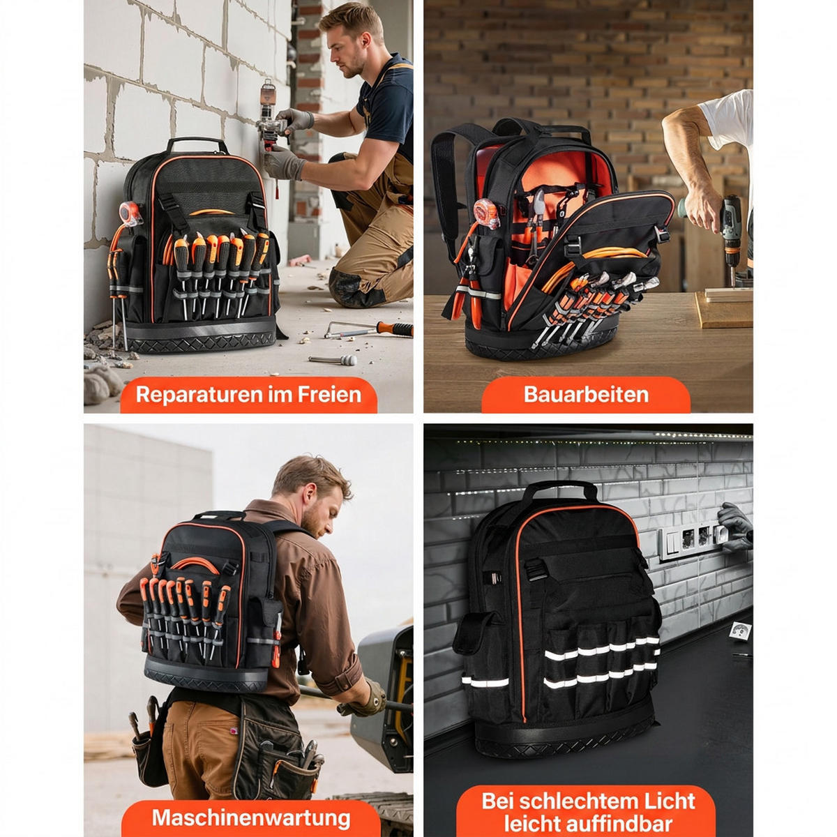 WERKZEUGTASCHE 64 Fächer Laptopfach Hartboden für Elektriker Handwerker - Schwarz, Metall (10/10/10cm) - Raelunyi