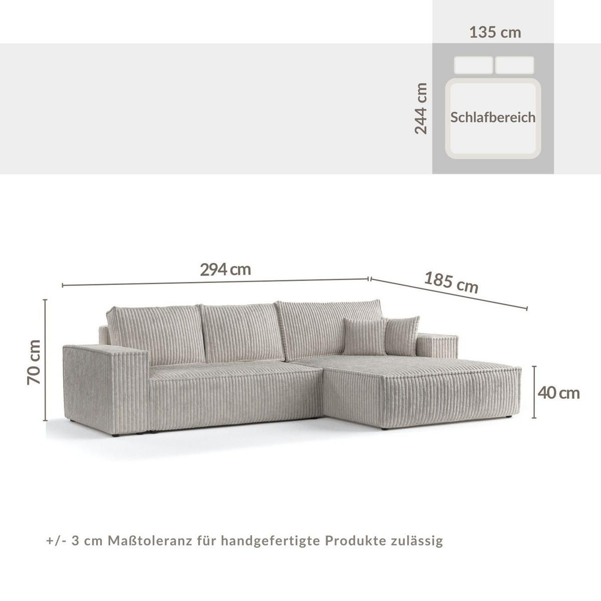 ECKSOFA Maze Beige grau Plüsch - Rechts Seite - Greige/Schwarz, Holz/Holzwerkstoff (294/185cm) - Maison de Reve