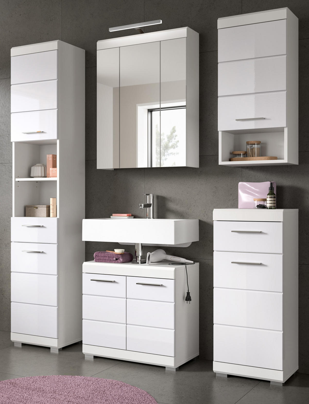 BADMÖBEL-SET weiß Hochglanz 5-teilig 164 cm, Komplettset mit viel Stauraum - Weiß Hochglanz, Glas/Holzwerkstoff (164/191/34cm) - Inn.Furn