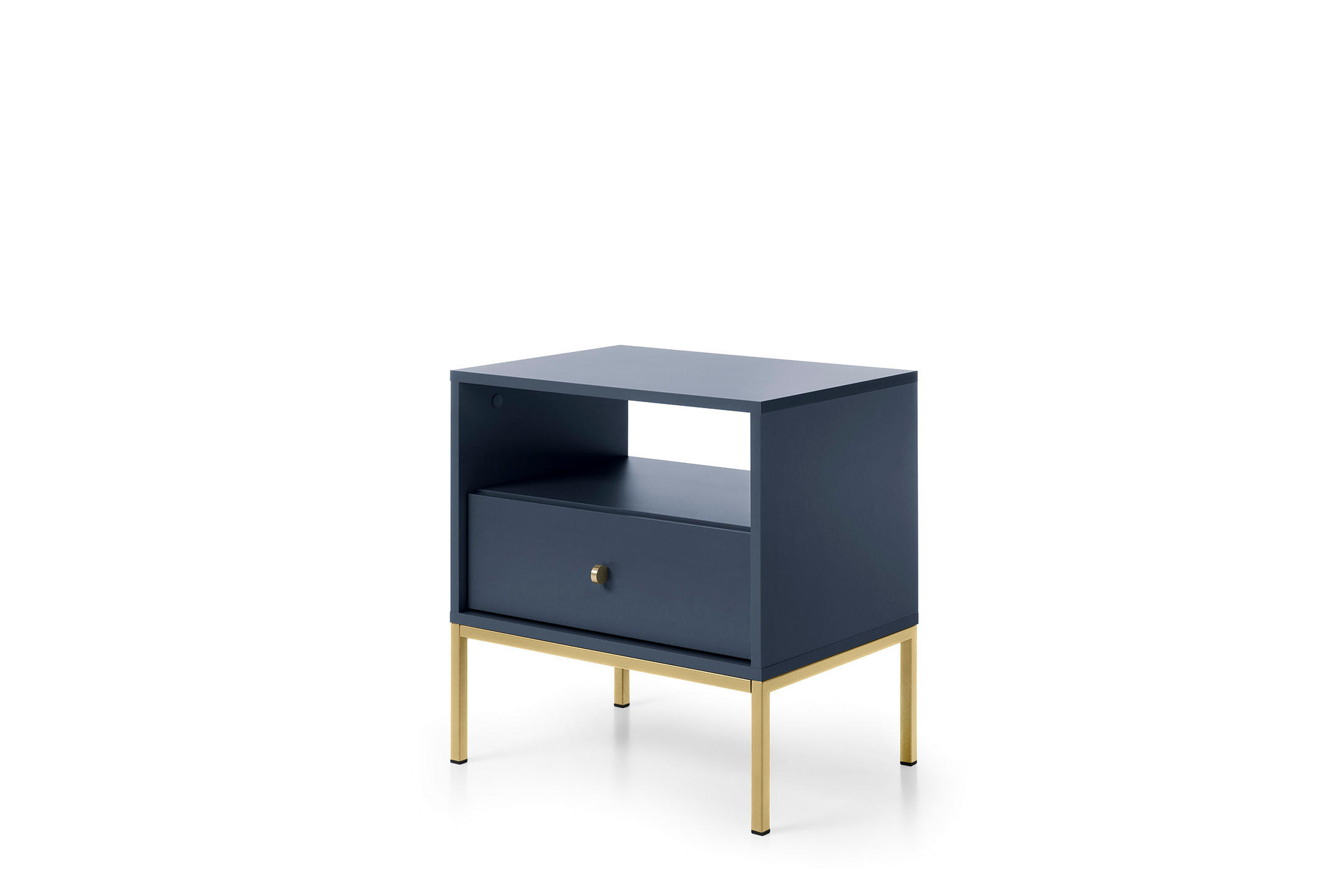NACHTTISCH Molly Dunkelblau, Goldene Beine, Nachtkommode mit Schublade - Goldfarben/Dunkelblau, Holzwerkstoff/Metall (54/56/39cm) - Bettso