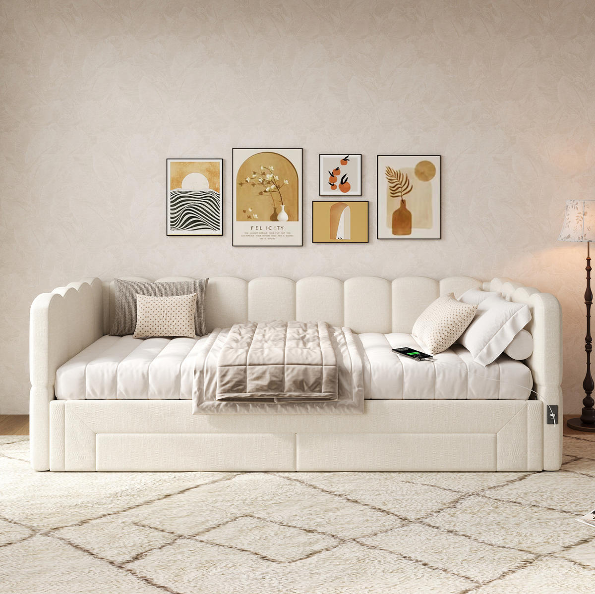 ROZKLÁDACÍ denní postel 90/200 cm béžová z lnu s USB a zásuvkami - bílá, textil (90/200cm) - OKWISH
