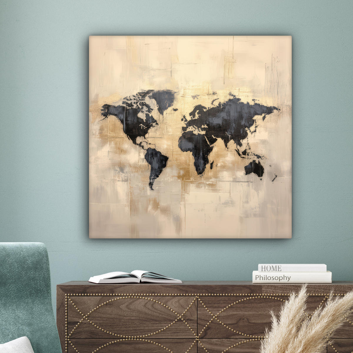 LEINWANDBILD Weltkarte - Gold - Schwarz - Abstrakt 90x90 cm - Kupferfarben, Textil (90/90cm) - MuchoWow