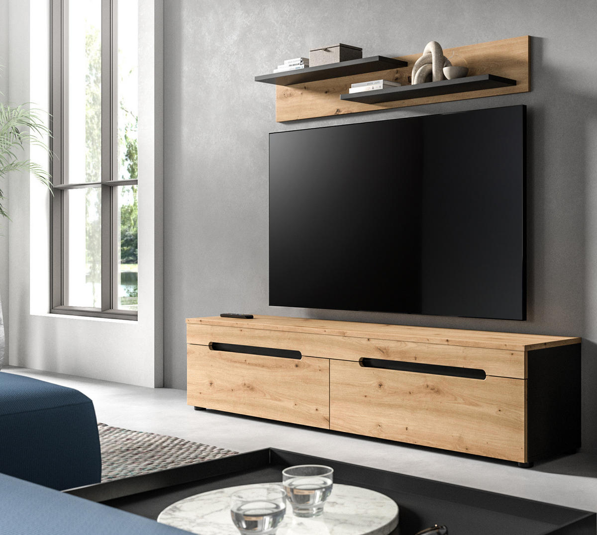 WOHNKOMBINATION Eiche Artisan, grau, 2er Set Lowboard 170 cm und Wandboard, Cooper - Schwarz/Eiche Artisan, Holzwerkstoff/Kunststoff (170/180/33cm) - Inn.Furn